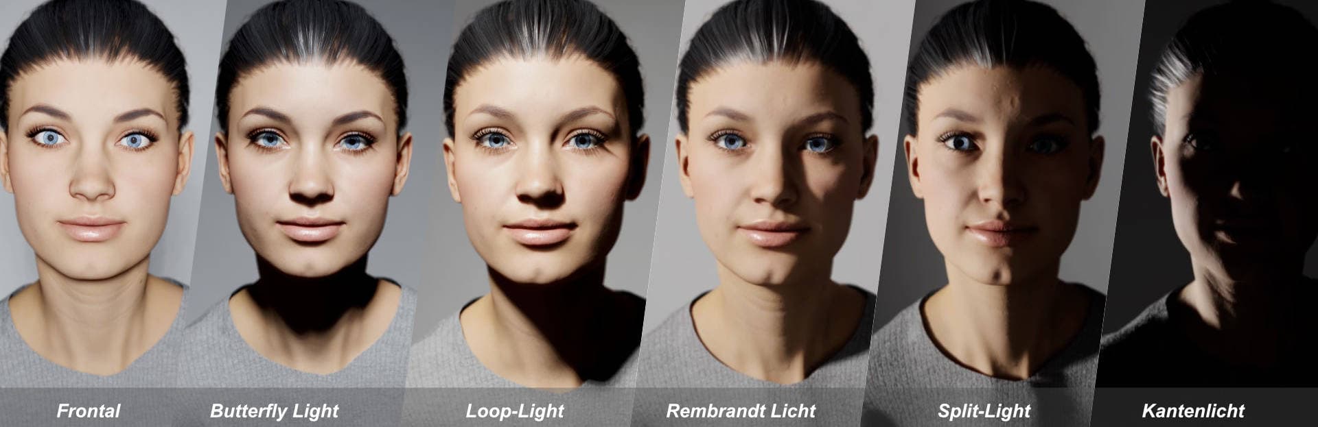 virtuelles Fotomodell, damit keine Änderung im Gesicht zwischen den verschiedenen Lichtsettings stattfinden kann