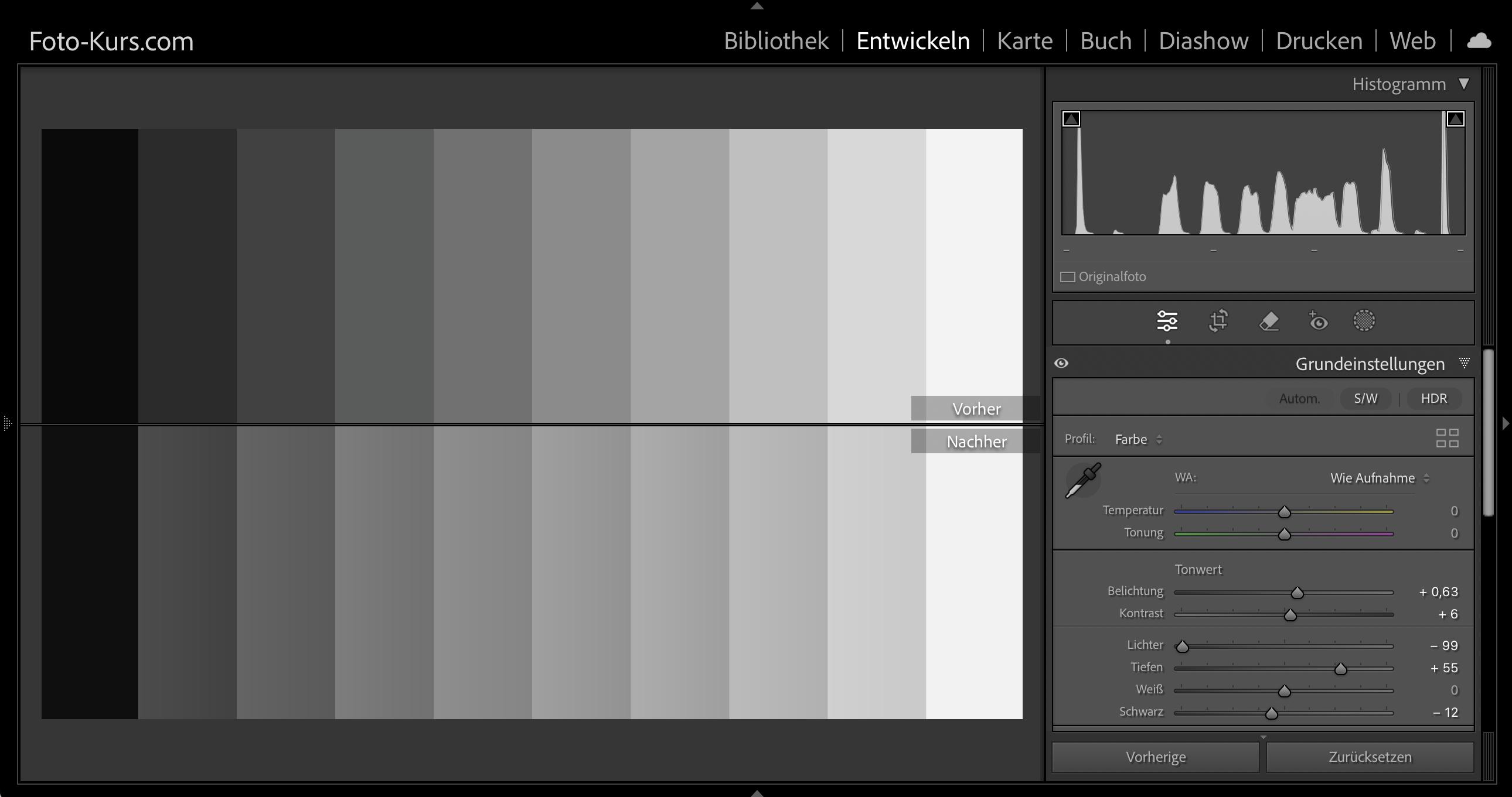 Ergebnis, wenn die Werte automatisch von Lightroom optimiert werden Ergebnis, wenn die Werte automatisch von Lightroom optimiert werden