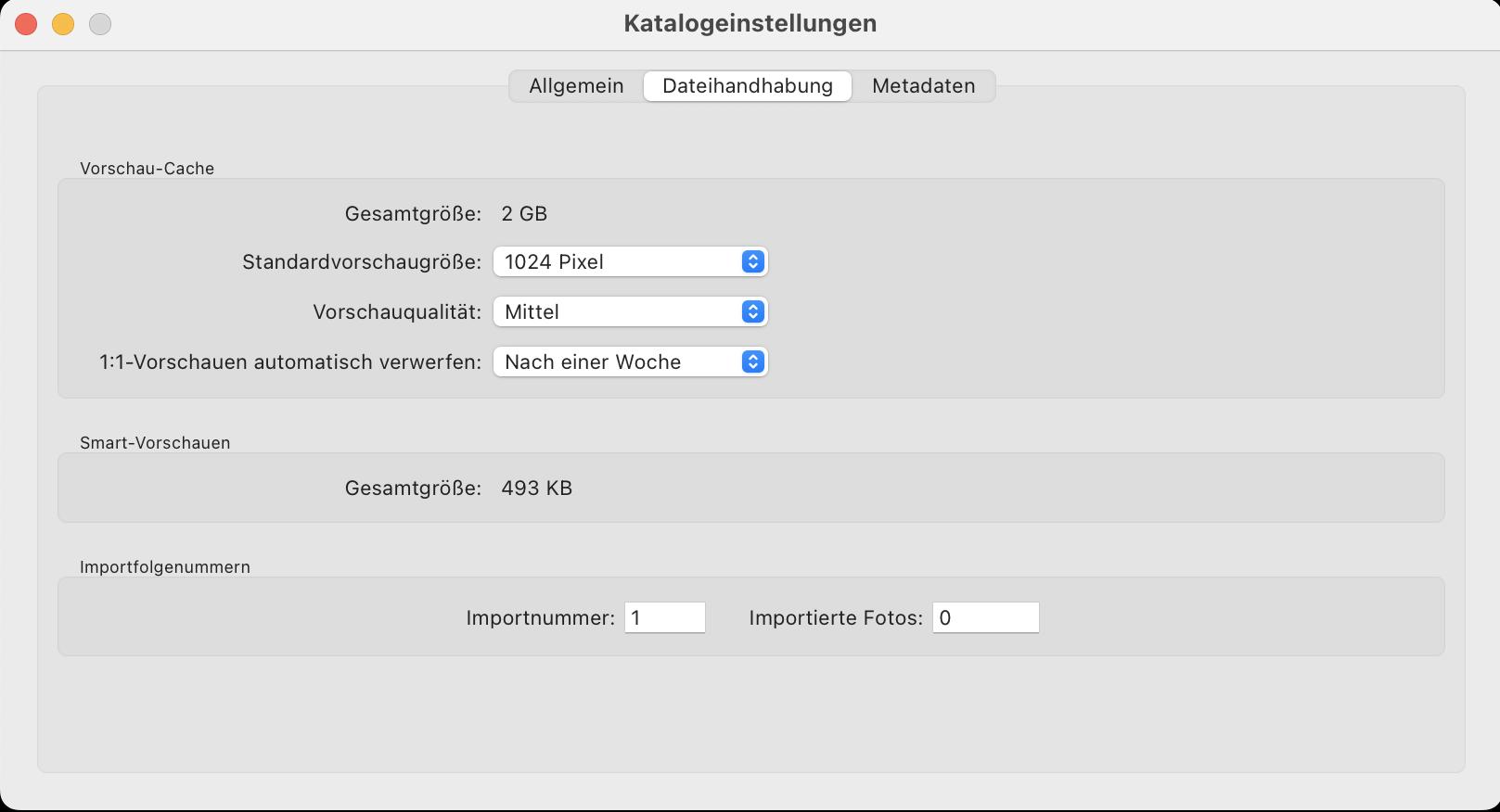 Katalogeinstellungen Lightroom: Dateigröße Katalog – zweiter Reiter Katalogeinstellungen Lightroom: Dateigröße Katalog – zweiter Reiter