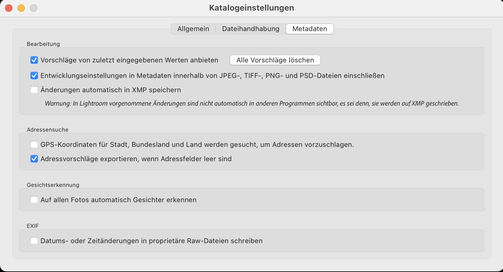 Katalogeinstellungen Lightroom: Metadaten – dritter Reiter Katalogeinstellungen Lightroom: Metadaten – dritter Reiter