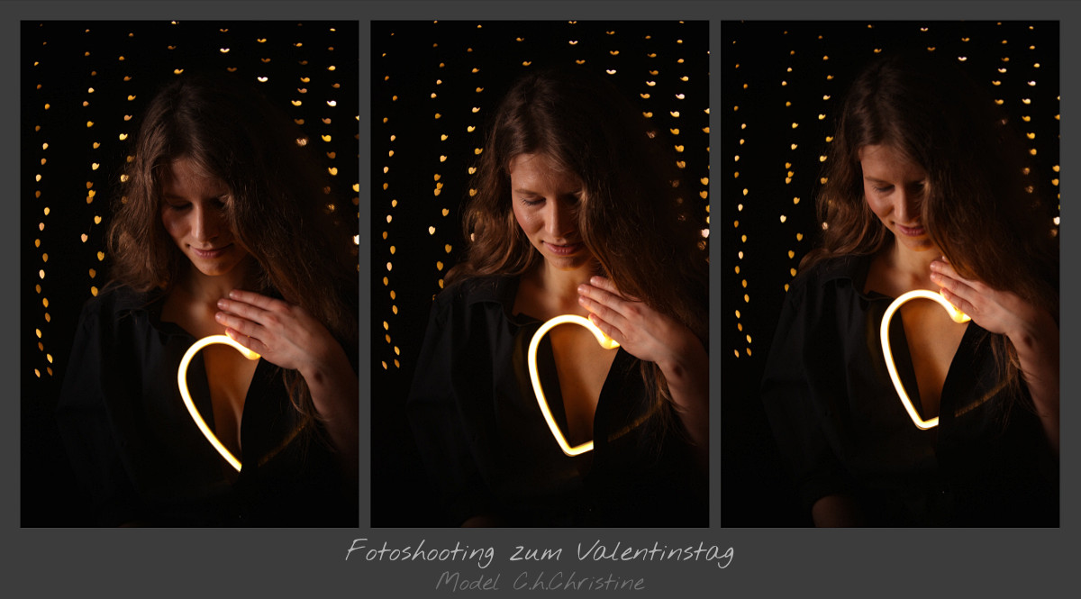 Valentinstags-Fotoshooting mit Herzen durch das Bokeh im Hintergrund