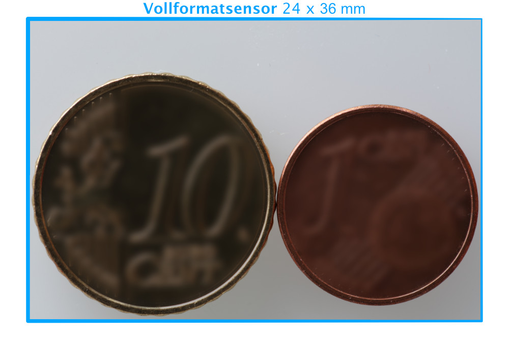 Abbildungsmaßstab 1:1 – beide Münzen sind exakt so breit wie der Vollformatsensor